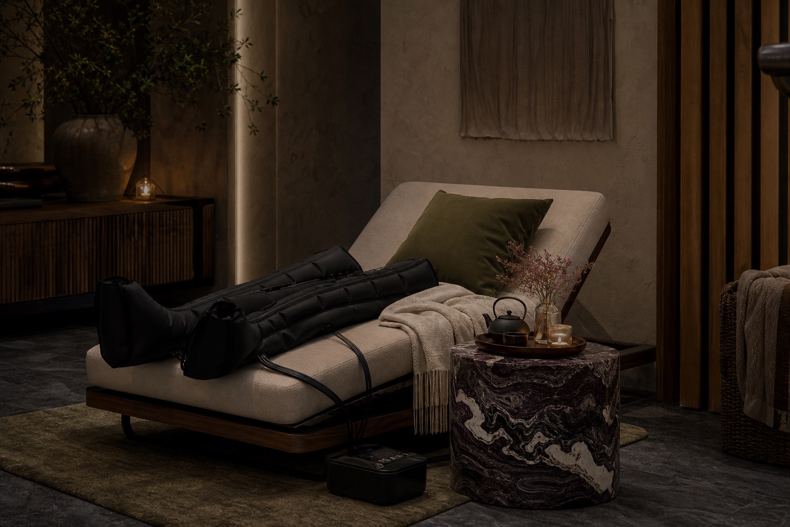Compression boots recovery lounge with linen chair and tea tray