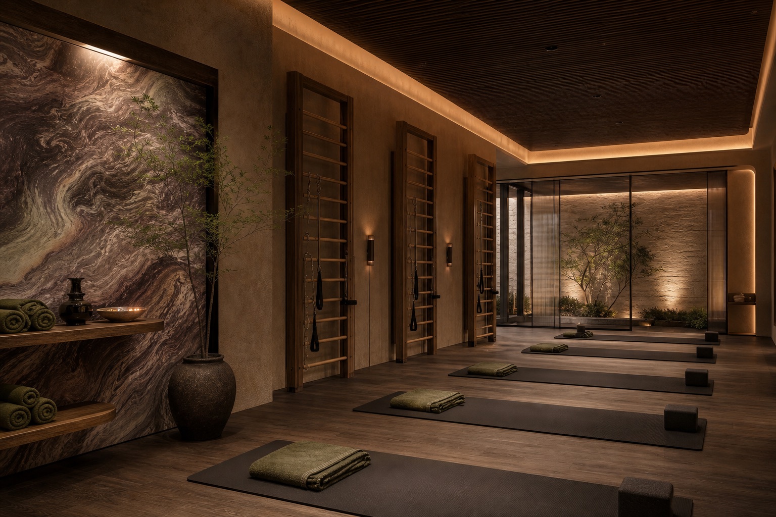 Hot Pilates studio with warm humid glow, mats and linen walls