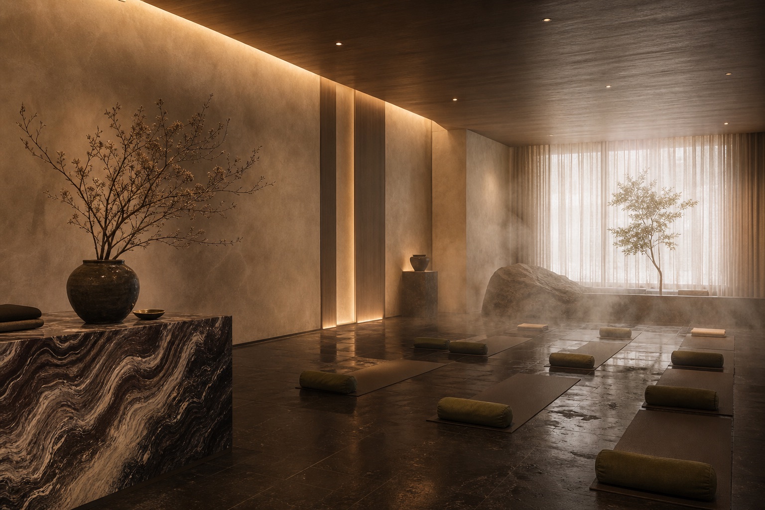 Hot yoga room with yoga mats, soft steam haze and plum marble detail