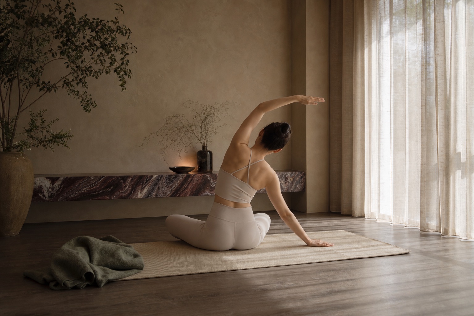 Mat Pilates stretch in a quiet wabi-sabi recovery studio