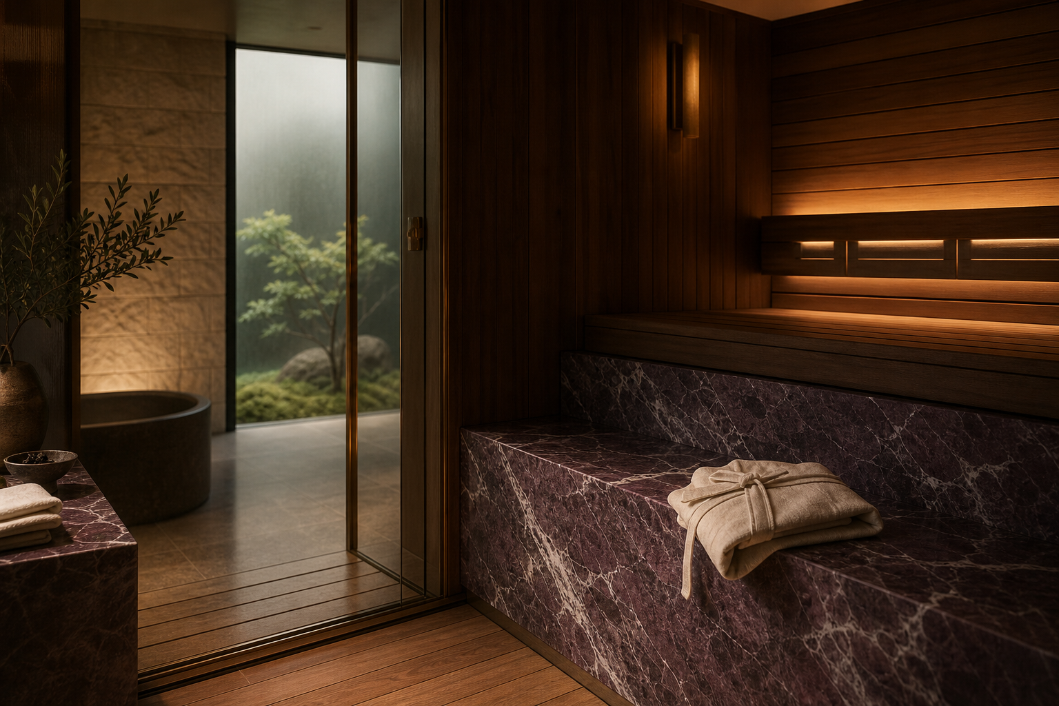 Warm Japanese wabi-sabi sauna with purple marble bench and soft garden view